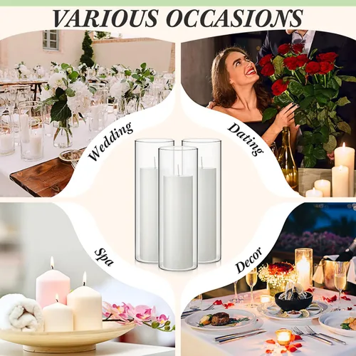Vista 6 de Didaey Juego de 24 velas de pilar blanco y portavelas de cristal, jarrones cilíndricos transparentes para velas de pilar delgadas, centros de mesa