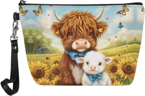 Vista 22 de Howilath Abstract Art Cat Cosmetic Pouch for Women PU Leather Toiletry Storage Bag Trapezoid Makeup Bags with Wrist Strap