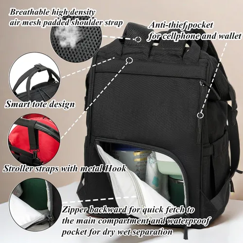 Vista 5 de Mochila para pañales para papá y mamá con puerto de carga USB, correas para cochecito y bolsillo aislado, mochila de viaje militar del ejército