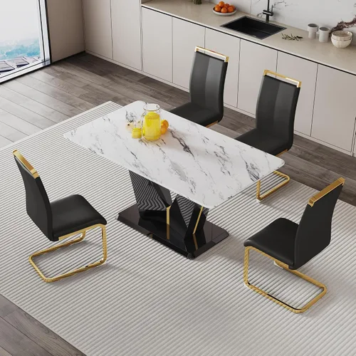 Vista 20 de Juego de mesa de comedor moderno de 5 piezas de 63 pulgadas, mesa de comedor de mármol sintético con 4 sillas de piel sintética, juego de mesa de 4