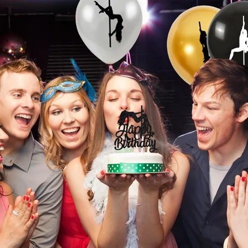 Vista 5 de Decoraciones de fiesta de cumpleaños de bailarina de poste de oro negro, pancarta de feliz cumpleaños para despedida de soltera, suministros