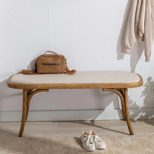 Vista 3 de Banco de comedor de madera de granja con asiento acolchado, banco de acento bohemio para entrada, dormitorio, extremo de cama, ventana de cocina