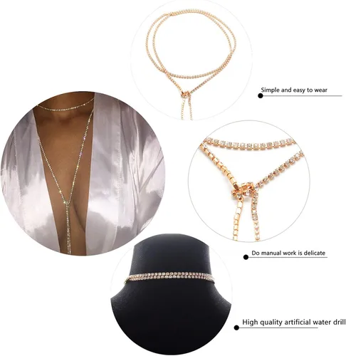Vista 5 de Collar de oro con borlas de diamantes de imitación, gargantilla larga de cristal sexy, accesorios para mujer, joyería corporal, fiesta de discoteca