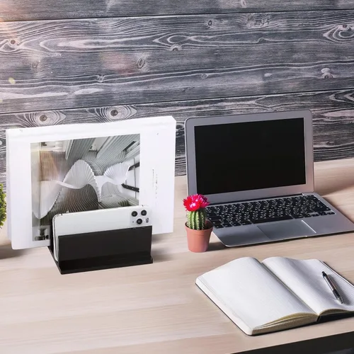 Vista 5 de Frienda 1 soporte vertical acrílico para portátil con 4 compartimentos, puede adaptarse con un grosor de menos de 0.8 in, se adapta a la mayoría