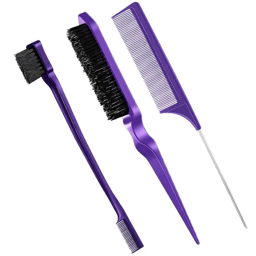Vista 18 de Geiserailie Juego de 3 cepillos para cabello peinado hacia atrás, cepillo de cerdas, control de bordes, peine para desenredar para cabello negro