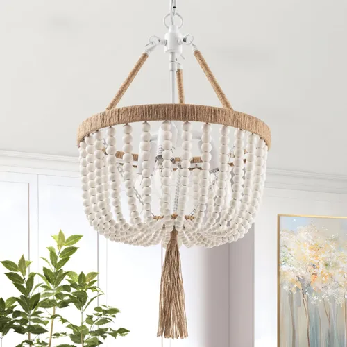 VILUXY Candelabro bohemio con cuentas de madera de granja, lámpara colgante de cuentas de madera, Chandeleir colgante de 3 luces, candelabro rústico