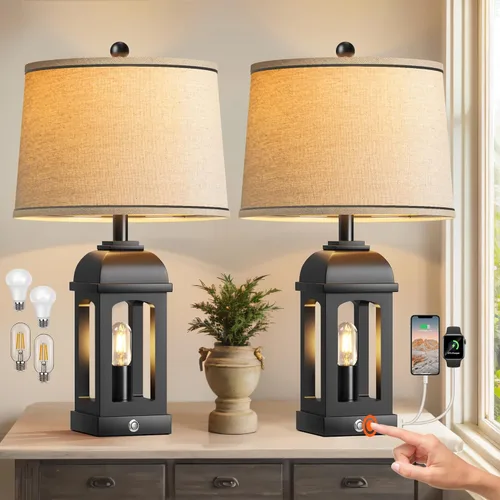 Vista 13 de QiMH Lámpara de mesa para sala de estar, lámparas de granja con USB A+C y luz nocturna, lámparas de noche rústicas de 26" con control táctil