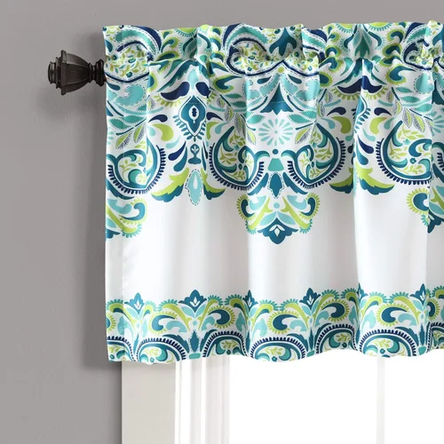 Vista 2 de Lush Decor Clara Valance - Cortina individual de estilo bohemio con estampado de damasco, cenefa, azul y verde