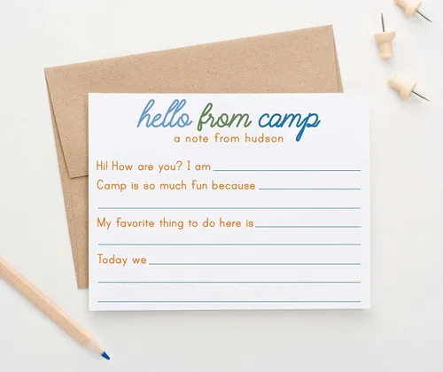 Vista 2 de Notas de campamento en blanco para niños, papelería de campamento para niño relleno de papelería con sobres, tarjetas de notas personalizadas