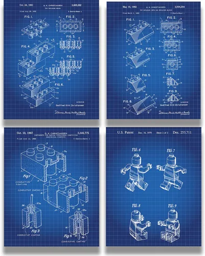 Govivo Legos Patent - Un conjunto de cuatro patentes de Lego - Impresiones artísticas de pared con fondos azules - ilustraciones sin marco impresas