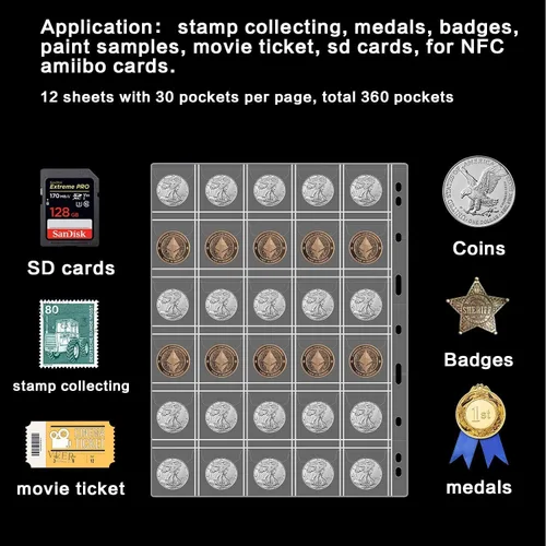 Vista 5 de 12 hojas de páginas de colección de monedas, página de bolsillo con 360 bolsillos, fundas para carpetas de monedas con 9 agujeros estándar