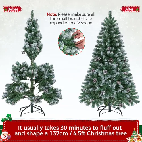 Vista 5 de Yaheetech Árbol de Navidad artificial de 4.5 pies, árbol de Navidad flocado con 35 piñas, 412 puntas esmeriladas, árbol predecorado para decoración