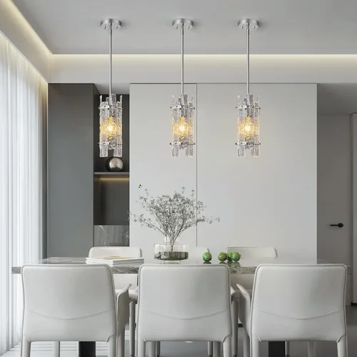 Vista 2 de Iluminación colgante de cristal moderna, luces colgantes cromadas, mini candelabros de cristal, lámpara colgante ajustable para cocina, isla