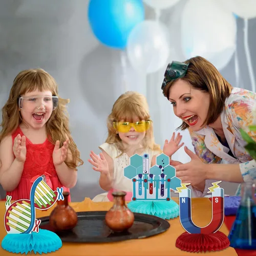 Vista 7 de Fainne 9 piezas de decoración de fiesta de ciencia para centros de mesa en 3D, decoración de mesa para feria de ciencias, química, matemáticas