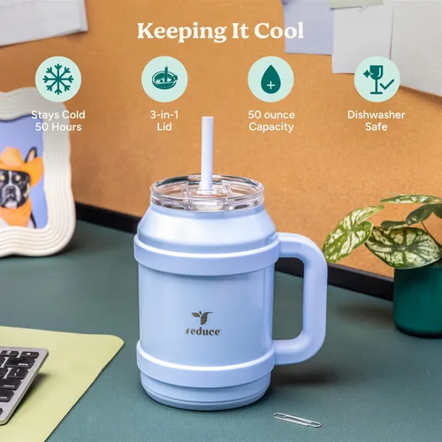 Vista 3 de REDUCE Vaso reutilizable de 1.5 litros para agua fría Asa ergonómica Aislamiento de doble pared Taza resistente para escritoriosuperficie