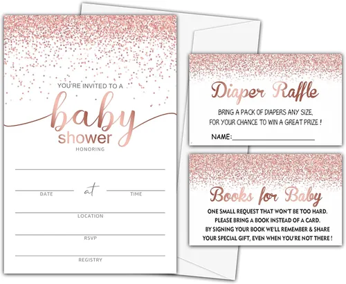 Kit de invitación para baby shower, juegos de rifa de pañales, libros para bebé, color oro rosa rosa para revelación de género, tarjetas de