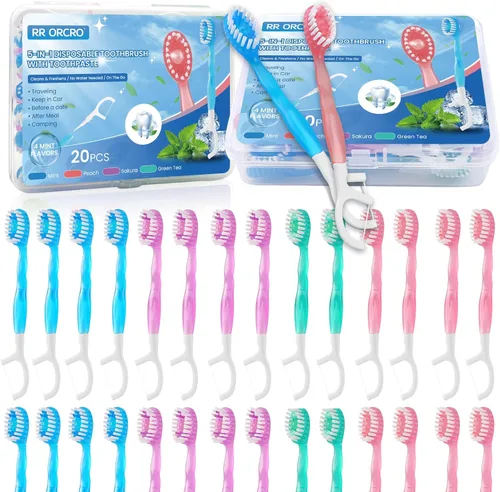 Vista 11 de Paquete de 10 cepillos de dientes desechables con pasta de dientes 5 en 1, mini cepillo de dientes de viaje con raspador de lengua + hilo dental +