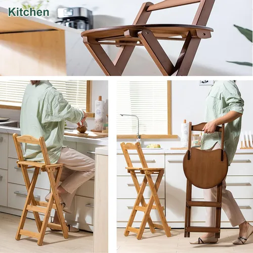 Vista 7 de Taburete plegable con respaldo, taburete de bar portátil de altura de mostrador de cocina, reposapiés, silla de madera para el hogar, cocina