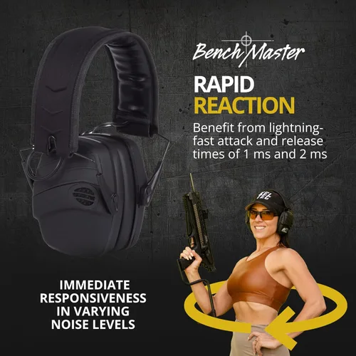 Vista 4 de BenchMaster Rifleman TAC - Orejeras electrónicas para disparos, 25 dB, reducción de ruido, auriculares con cancelación de ruido, tiempo de reacción