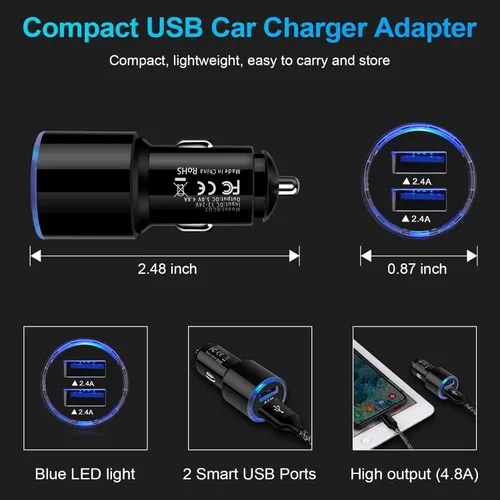Vista 5 de Cargador de coche USB, 2 unidades de 4.8 A de carga rápida de doble puerto USB para iPhone 15 14 13 12 11 Pro Max SE XR X 8 7 6, iPad, Samsung