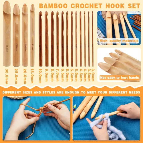 Vista 5 de 16 piezas de ganchos de ganchillo de madera, de 3 a 30 mm de diámetro, mango de ganchillo, agujas de tejer con 10 marcadores de punto de tejer