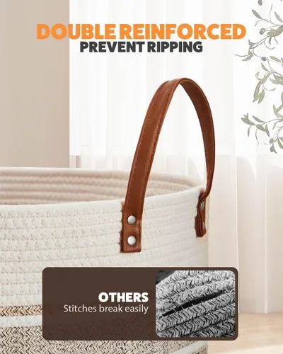 Vista 3 de MOXTOYU Cesta de lavandería sucia de yute con asas de cuero, cesta de lavandería tejida para almohadas, mantas, juguetes, cesta decorativa para sala