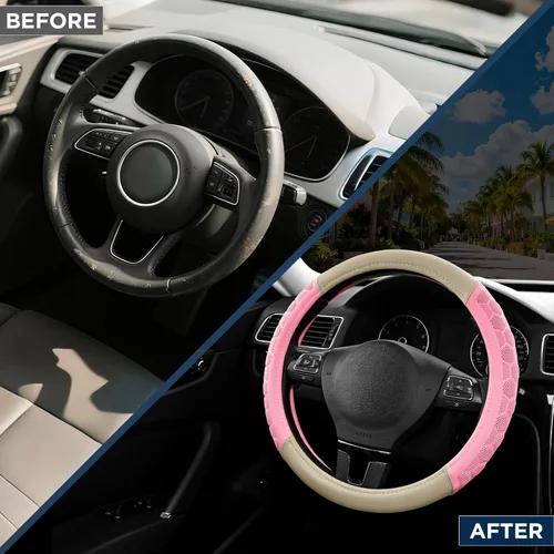 Vista 7 de Cubierta de Volante de Masaje PIC AUTO, Cubierta de Volante de Coche de Cuero Beige y Material de Patrón de Fútbol Rosa Combinado, Cubierta