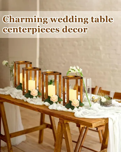 Vista 5 de Huquary 16 piezas de centro de mesa de madera para bodas, incluye 8 faroles de madera rústica y 8 portavelas sin llama para decoración de mesa