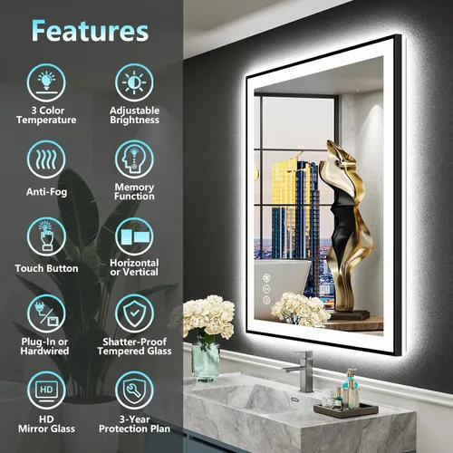 Vista 35 de Espejo de baño LED de 20 x 28 pulgadas con luces, retroiluminado y frontal iluminado antivaho para pared de baño, regulable, luz de 3