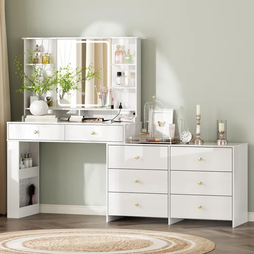 Vista 11 de Ieejdn Escritorio de tocador de maquillaje con espejo y luces, escritorio de tocador con 8 cajones y estantes de almacenamiento, mesa de tocador