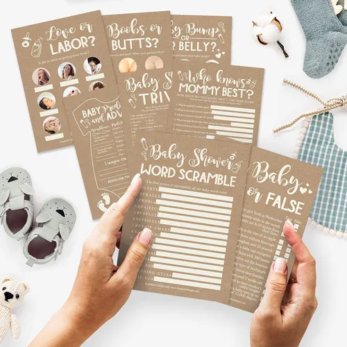 Vista 2 de Hadley Designs 75 tarjetas rústicas de predicción y consejos para bebés, 25 verdaderas o falsas, ideas para baby shower, 8 juegos de tarjetas