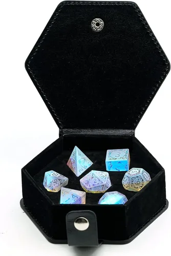 Vista 7 de UDIXI Juego de dados de vidrio prisma, 7 dados de vidrio arcoíris esmerilado para juegos de mesa RPG (prisma arenado)