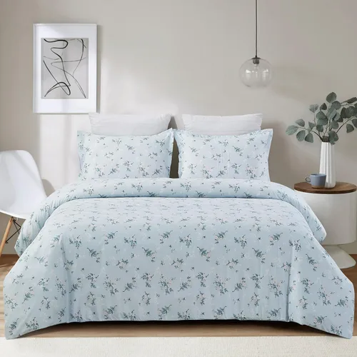 Vista 18 de Vaulia Funda de edredón floral de microfibra suave, tamaño Queen, estampado botánico de hojas azules, diseño reversible ligero y transpirable, juego