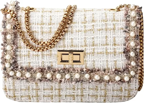 Bolso de hombro con cadena de diseñador para mujer, bolso cruzado acolchado para mujer, bolso de noche, bolso de tweed