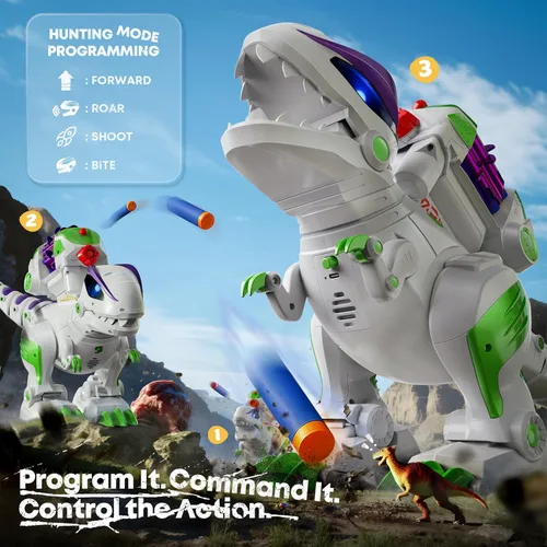 Vista 8 de Ruko 8809 Juguetes de dinosaurio para niños, gran T-Rex de control remoto recargable, con funciones programables, camina, ruge, ojos LED y disparo