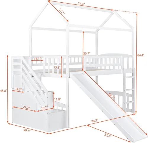 Vista 2 de Merax Cama tipo loft individual con dos cajones y tobogán, cama de madera con techo y barandillas para niños y niñas (blanco)