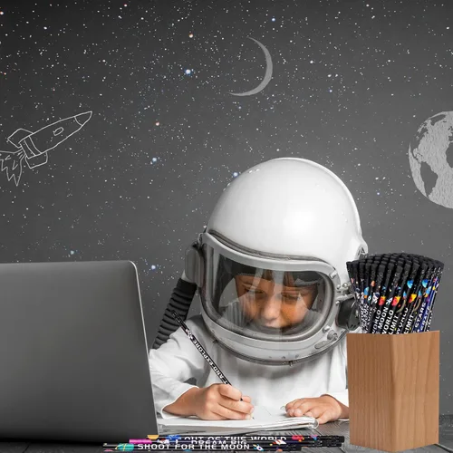 Vista 6 de Kolewo4ever 100 lápices temáticos espaciales, divertidos lápices de astronautas con borrador a juego para aulas, recompensa para estudiantes