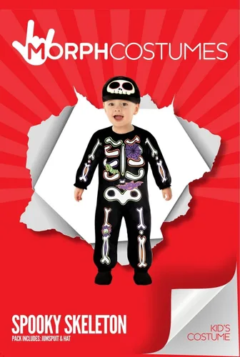 Vista 5 de Morph Disfraz de esqueleto para niños, traje de esqueleto para niños, bebé, Halloween, fiesta, diversión