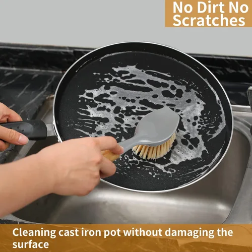 Vista 7 de 2 paquetes de cepillos de cocina con mango de bambú, limpiador de platos con raspador incorporado, cepillo de limpieza para sartenes, ollas