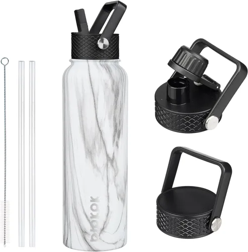 Vista 12 de BJPKPK - Botellas de agua aisladas con tapa de popote, botella de agua de acero inoxidable de 27 onzas con 3 tapas, termo de metal libre de BPA a