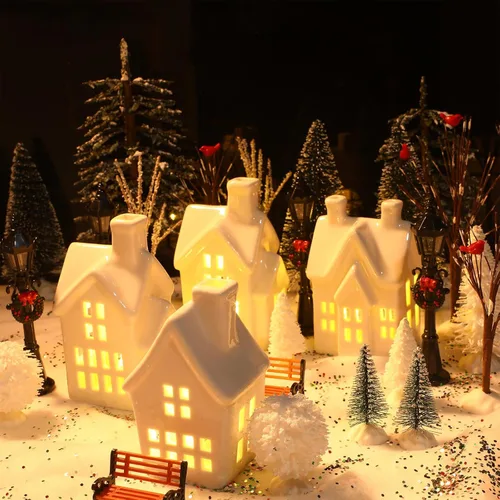 Vista 5 de 33 piezas de conjuntos de aldea navideña de cerámica con iluminación LED, decoración de aldea en miniatura de invierno blanco, figuras de resina