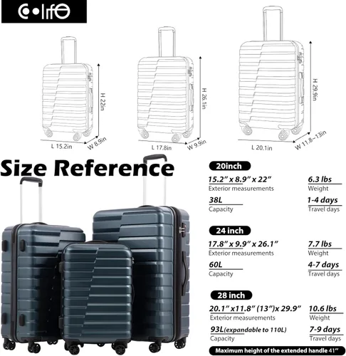 Vista 7 de COOLIFE Maleta extensible para equipaje PC ABS TSA Lock Spinner Llevar en juegos de 3 piezas, Azul, moldeado