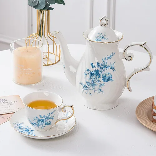 Vista 4 de Tetera de cerámica Agyiuns, tetera de porcelana con tapa, 38.8 Oz para té, leche, café, té de flores (Azul)