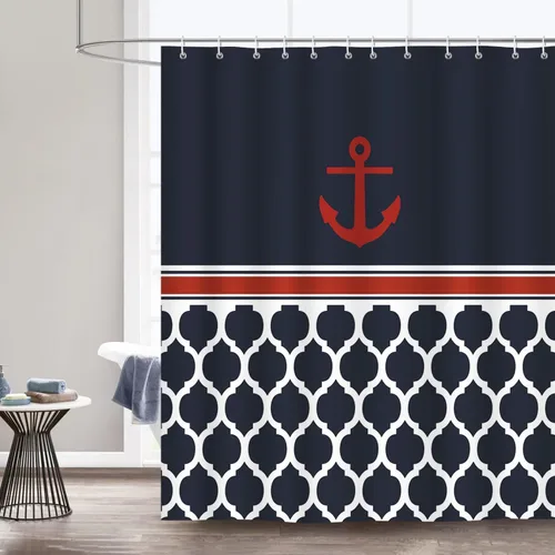 Bonhause Cortina de ducha con ancla náutica, cortina de baño geométrica azul marino, 72 x 72 pulgadas, tela de poliéster, cortina de baño
