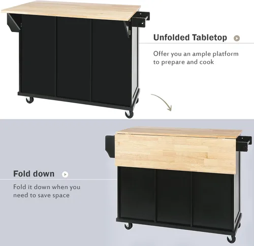 Vista 72 de P PURLOVE Carrito de isla de cocina con parte superior de madera y ruedas de bloqueo, carrito móvil de isla de cocina con armario de 4 puertas