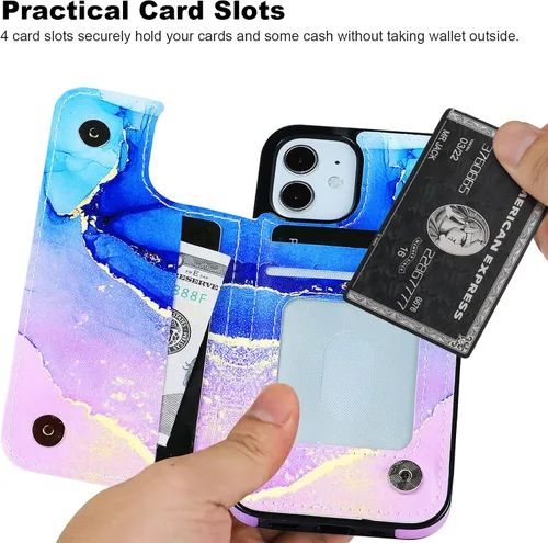 Vista 3 de HAOPINSH Funda tipo cartera para iPhone 12 Mini con soporte para tarjetas, diseño de mármol azul y morado en la parte trasera, de piel sintética
