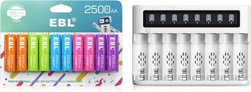 EBL Baterías AA recargables con cargador de batería - Baterías recargables AA parcialmente precargadas de 2500 mAh 10 paquetes y cargador de batería