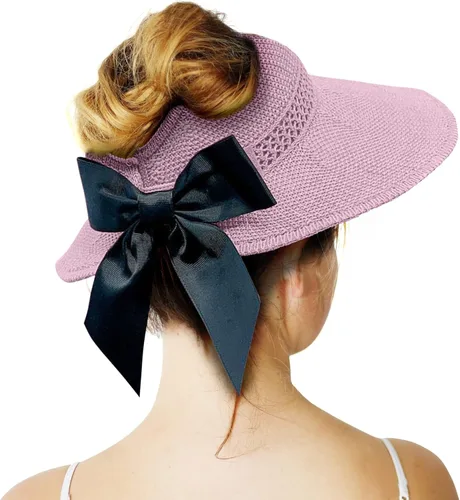 Vista 26 de Visera solar de paja para mujer, ala ancha, protección UPF 50+, sombrero de playa, ajustable, plegable, gorra de cola de caballo con correa