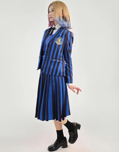 Vista 3 de miccostumes Disfraz de anime para mujer, disfraz de miércoles, cosplay, uniforme escolar, chaqueta y falda con camisa y chaleco de suéter