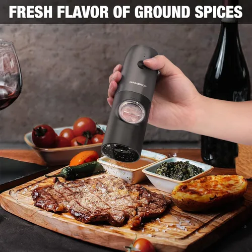 Vista 7 de HAUSHOF Juego de 2 piezas de molinillo eléctrico de sal y pimienta, molinillo de pimienta automático recargable por USB y molinillo de sal